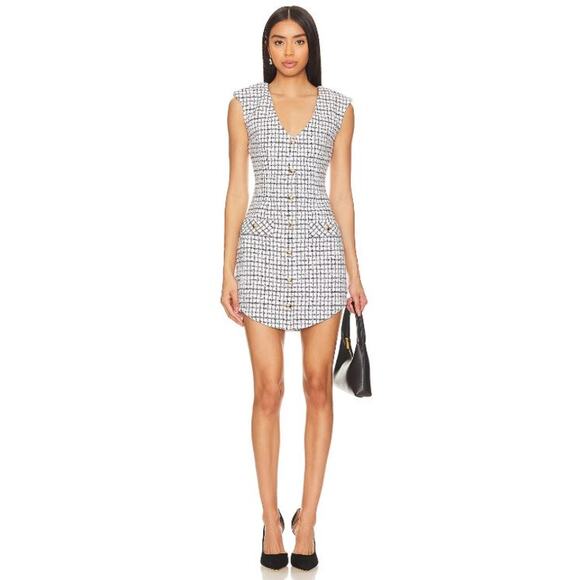 NWT Amanda Uprichard Ivana Mini Dress Tweed Button Front White Black Size Medium - Picture 2 of 14